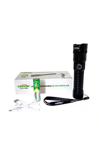 Tiendas EFE Linterna táctica recargable luz fuerte con zoom 2 baterías cafini 7168 oferta