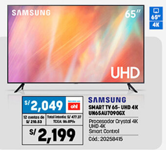 Plaza Vea Samsung Smart TV 65 - UHD 4K UN65AU7090GX oferta