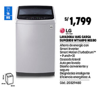 Plaza Vea LG Lavadora 16kg Carga superior WT168PB Negro oferta