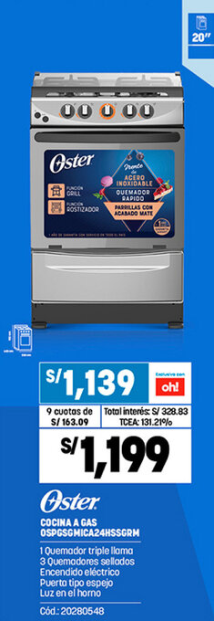 Plaza Vea Oster Cocina a Gas OSPGSGMICA24HSSGRM oferta