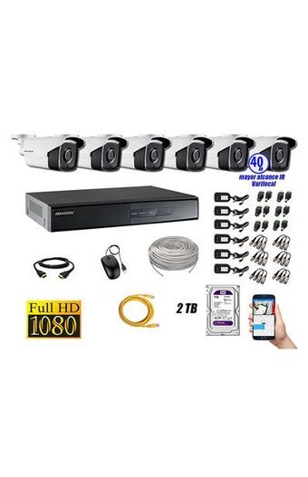 Tiendas EFE Cámara de seguridad hikvision varifocal para exterior kit 6 full hd 1080p + disco 2tb p2p oferta