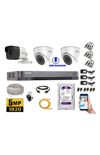 Tiendas EFE Kit 3 cámaras de seguridad audio incorporado hikvision 5mp completo p2p oferta