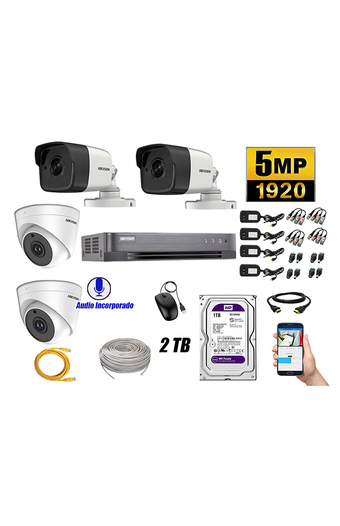 Tiendas EFE Kit 4 cámaras de seguridad audio incorporado hikvision 5mp completo p2p oferta