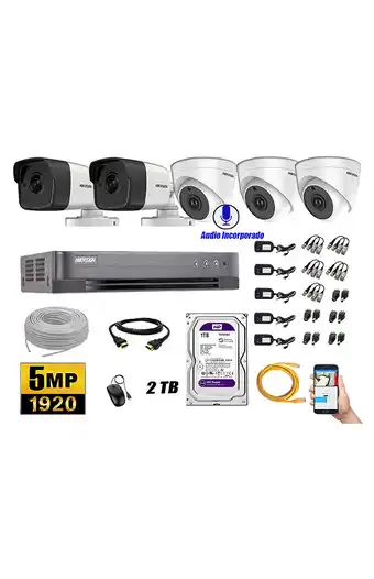 Tiendas EFE Kit 5 cámaras de seguridad audio incorporado hikvision 5mp completo p2p oferta