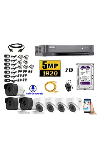 Tiendas EFE Kit 7 cámaras de seguridad audio incorporado hikvision 5mp completo p2p oferta