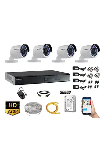 Tiendas EFE Cámaras de seguridad exterior kit 4 hikvision hd 720p + disco 500gb p2p oferta