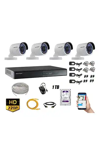Tiendas EFE Cámaras de seguridad exterior kit 4 hikvision hd 720p + disco 1tb wd p2p oferta