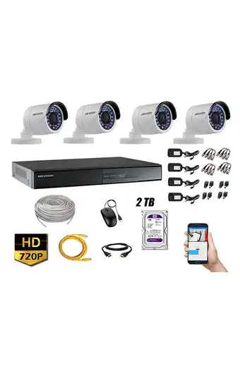 Tiendas EFE Cámaras de seguridad exterior kit 4 hikvision hd 720p + disco 2tb wd p2p oferta