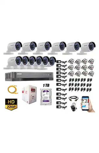 Tiendas EFE Cámaras de seguridad exterior kit 12 hikvision hd 720p + disco 1tb wd p2p oferta