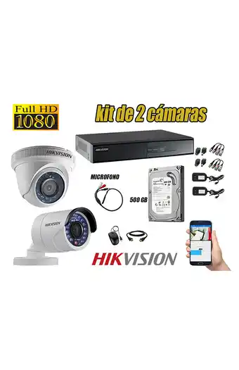 Tiendas EFE Cámaras de seguridad kit 2 hikvision full hd 1080p disco 500gb + kit de microfono oferta