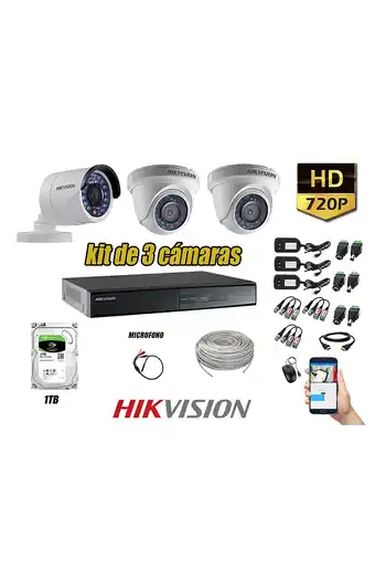 Tiendas EFE Cámaras de seguridad kit 3 hikvision hd 720p disco 1tb p2p + kit de microfono oferta