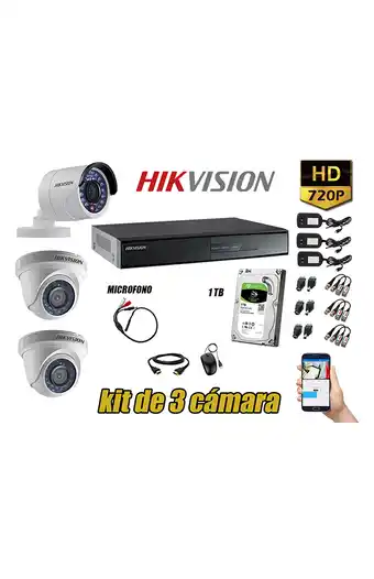 Tiendas EFE Cámaras de seguridad kit 3 hikvision hd 720p disco 1tb p2p hdmi + kit de microfono oferta