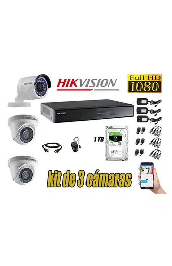 Tiendas EFE Cámaras de seguridad kit 3 hikvision full hd 1080p + disco 1tb oferta p2p oferta