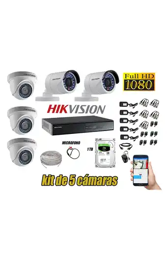 Tiendas EFE Cámaras de seguridad kit 5 hikvision full hd 1080p disco 1tb + kit de microfono oferta