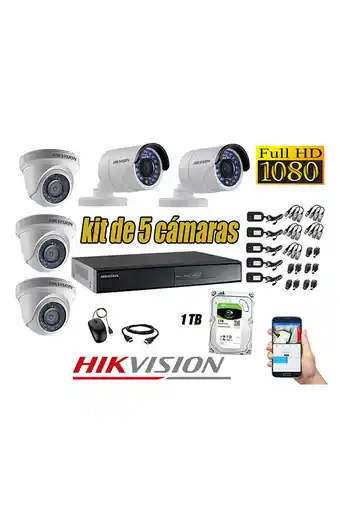 Tiendas EFE Cámaras de seguridad kit 5 hikvision full hd 1080p + disco 1tb oferta p2p oferta