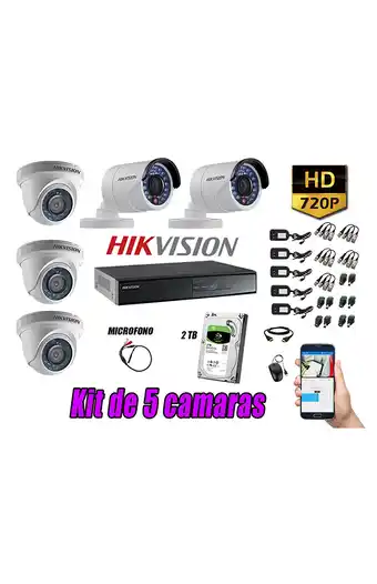 Tiendas EFE Cámaras de seguridad kit 5 hikvision hd 720p disco 2tb p2p hdmi + kit de microfono oferta