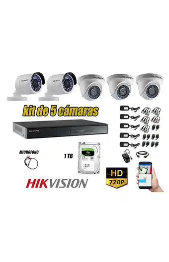 Tiendas EFE Cámaras de seguridad kit 5 hikvision hd 720p disco 1tb p2p hdmi + kit de microfono oferta