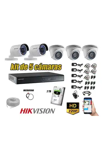 Tiendas EFE Cámaras de seguridad kit 5 hikvision hd 720p disco 2tb p2p + kit de microfono oferta