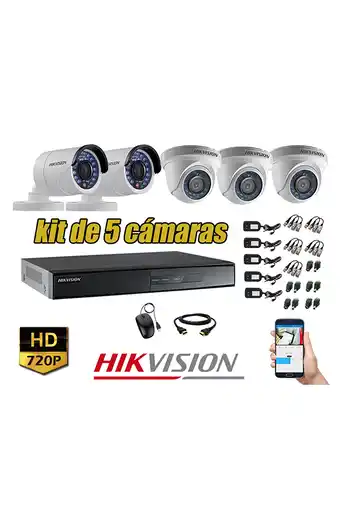Tiendas EFE Cámaras de seguirdad kit 5 hikvision hd 720p + cable hdmi oferta p2p oferta