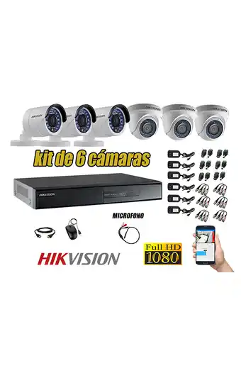 Cámaras de seguridad kit 6 hikvision full hd 1080p cable hdmi + kit de microfono