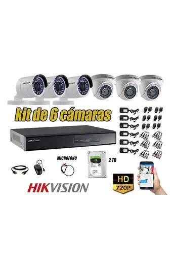 Tiendas EFE Cámaras de seguridad kit 6 hikvision hd 720p disco 2tb p2p hdmi + kit de microfono oferta