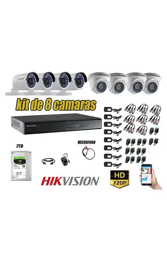 Cámaras de seguridad kit 8 hikvision hd 720p disco 2tb p2p hdmi + kit de microfono