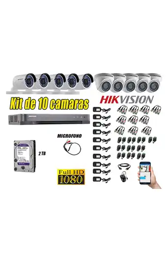Tiendas EFE Cámaras de seguridad kit 10 hikvision full hd 1080p disco 2tb + kit de microfono oferta