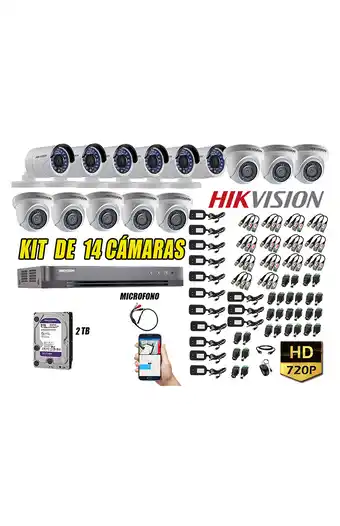 Tiendas EFE Cámaras de seguridad kit 14 hikvision hd 720p disco 2tb p2p hdmi + kit de microfono oferta