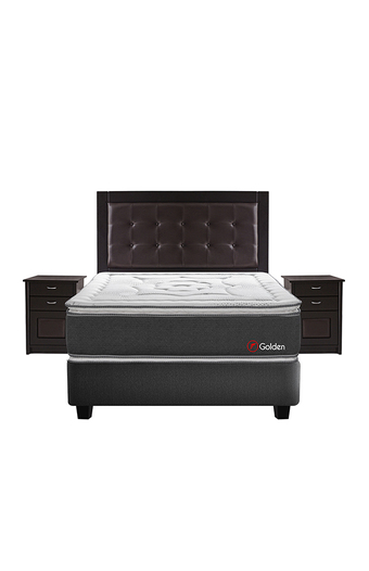 Tiendas EFE Juego de dormitorio forli golden gatteo 2 plazas + colchón + box tarima + cabecera + velador + protector + almohada oferta