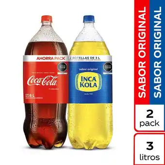 Tottus Gaseosa coca cola + inca kola 3 lt oferta