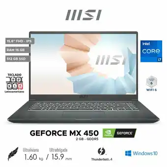 Tottus Laptop msi modern 15 a11sb nb i7 1165g7 16gb 512gb video 2gb 15.6 w10 oferta