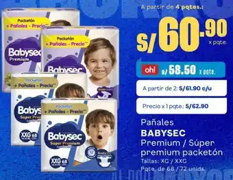 Makro Pañales BABYSEC Premium / Súper premium packetón Tallas: XG / XXG Pate. de 68/72 unids. oferta