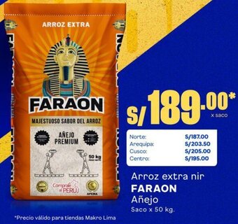Makro Arroz extra nir FARAON Añejo Saco x 50 kg. oferta