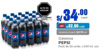Makro Gaseosa PEPSI Pack de 20 unids. x 500 ml. c/u oferta