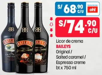 Plaza Vea Licor de crema BAILEYS Original/ Salted caramel/ Espresso creme btx 750 ml oferta