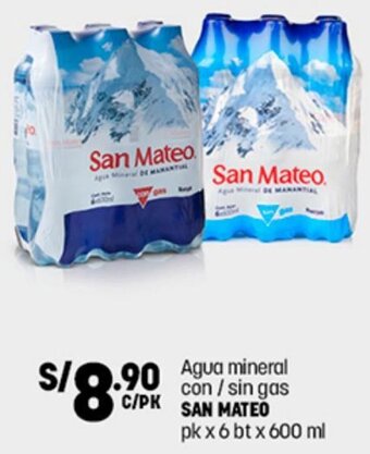 Plaza Vea Agua mineral con/ sin gas SAN MATEO pk x 6 bt x 600 ml oferta