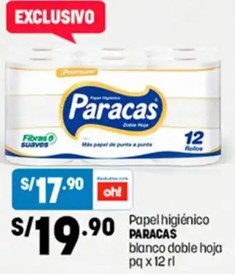 Plaza Vea Papel higiénico PARACAS blanco doble hoja pq x 12 rl oferta