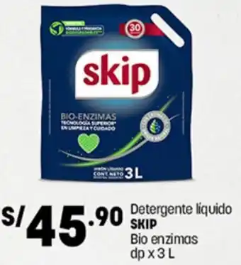 Plaza Vea Detergente líquido SKIP Bio enzimas dp x 3 L oferta