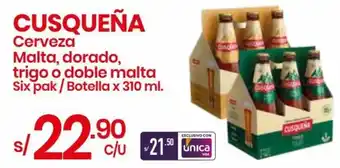Vega CUSQUEÑA Cerveza Malta, dorado, trigo o doble malta Six pak/Botella x 310 ml. oferta