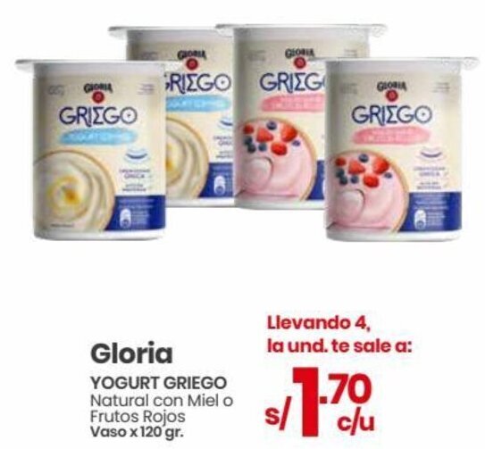 Gloria YOGURT GRIEGO Natural con Miel o Frutos Rojos Vaso x 120 gr