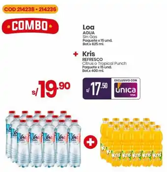 Vega Loa AGUA Sin Gas Paquete x 15 und. Bot.x 625 ml. Kris REFRESCO Citrus o Tropical Punch Paquete x 15 und. Bot.x 400 ml. oferta