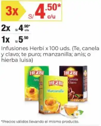 Metro Infusiones Herbi x 100 uds. (Te, canela y clavo; te puro; manzanilla; anis; o hierba luisa) oferta