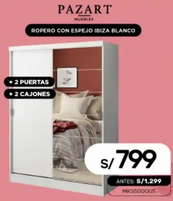 La Curacao PAZART MUEBLES ROPERO CON ESPEJO IBIZA BLANCO 2 PUERTAS 2 PUERTAS 2 CAJONES oferta