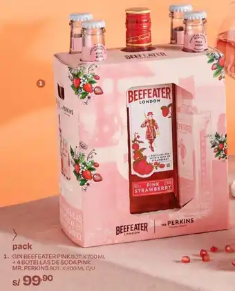 Wong GIN BEEFEATER PINK BOT. X 700 ML +4 BOTELLAS DE SODA PINK MR. PERKINS BOT. X 200 ML C/U oferta