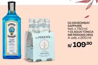 Wong GIN BOMBAY SAPPHIRE bot. x 750 ml +01 AGUA TÓNICA MR PERKINS ORIG 4 uds.x200 ml oferta
