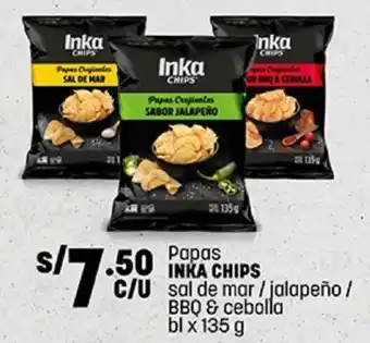 Plaza Vea Papas INKA CHIPS sal de mar / jalapeño / BBQ & cebolla bl x 135 g oferta