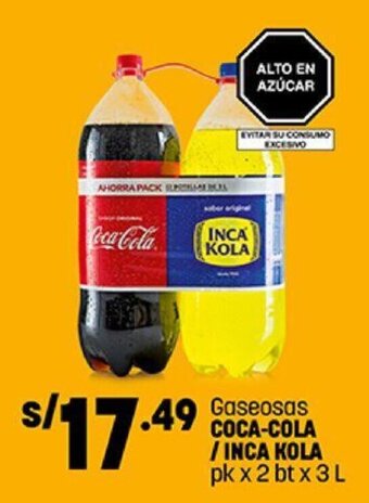 Plaza Vea Gaseosas COCA-COLA / INCA KOLA pk x 2 btx 3L oferta