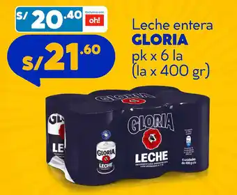 Plaza Vea Leche entera GLORIA pk x 6 la (la x 400 gr) oferta