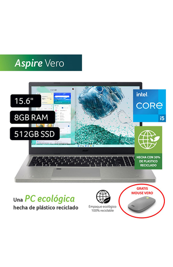 Tiendas EFE Laptop acer aspire vero 15.6 windows 11 intel core i5-1155g7 8gb 512gb ssd av15-51-50x9 + mouse vero oferta