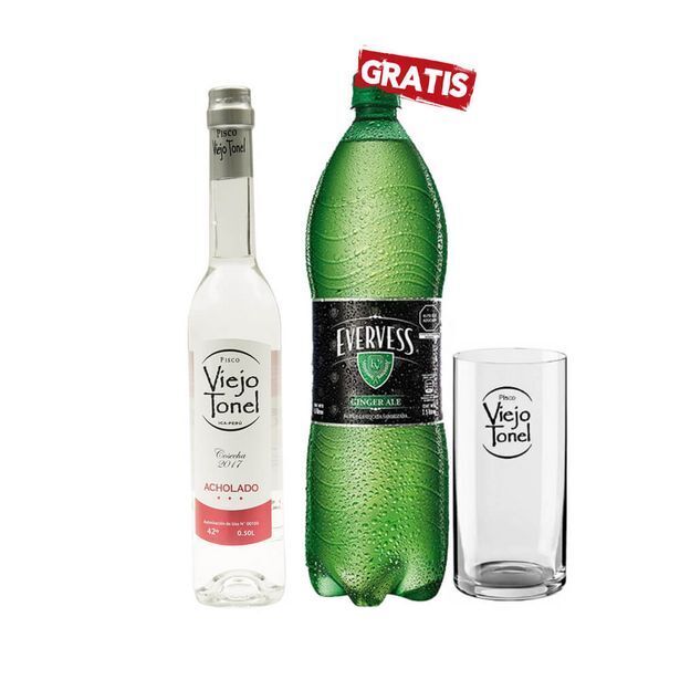 Sumon Licores Pisco viejo tonel puro 500ml + evervess 1.5lt + vaso oferta